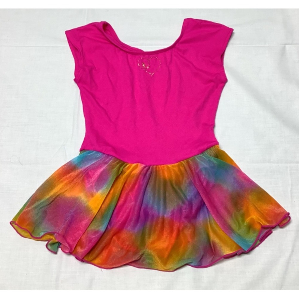 Jacques Moret Hot Pink w/Rainbow Skirt Dance Dress Size Large 12/14 leotard